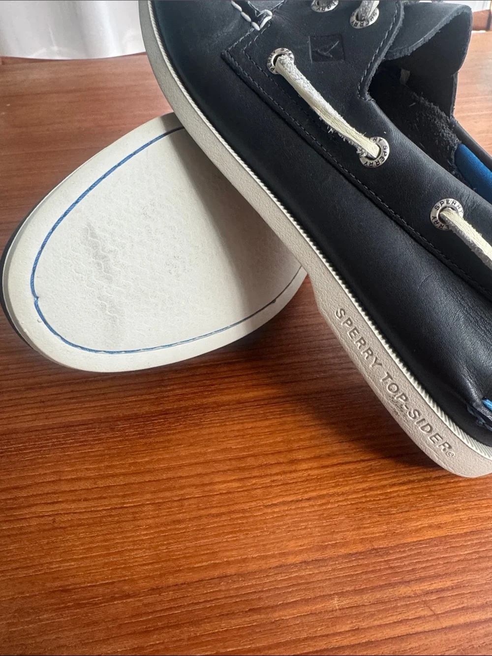 Sperry navy Leather Boat Shoes with White Laces